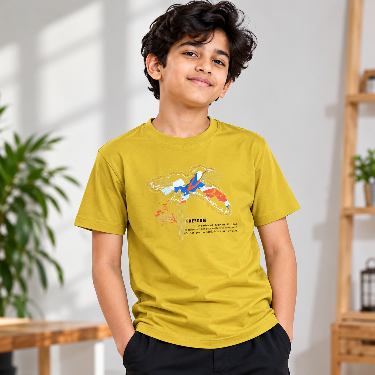 Boys’ Mustard Yellow Freedom Graphic Print Cotton T-Shirt