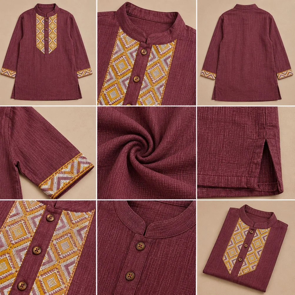 Maroon Geometric Embroidered Boys’ Traditional Panjabi Maroon gallery image