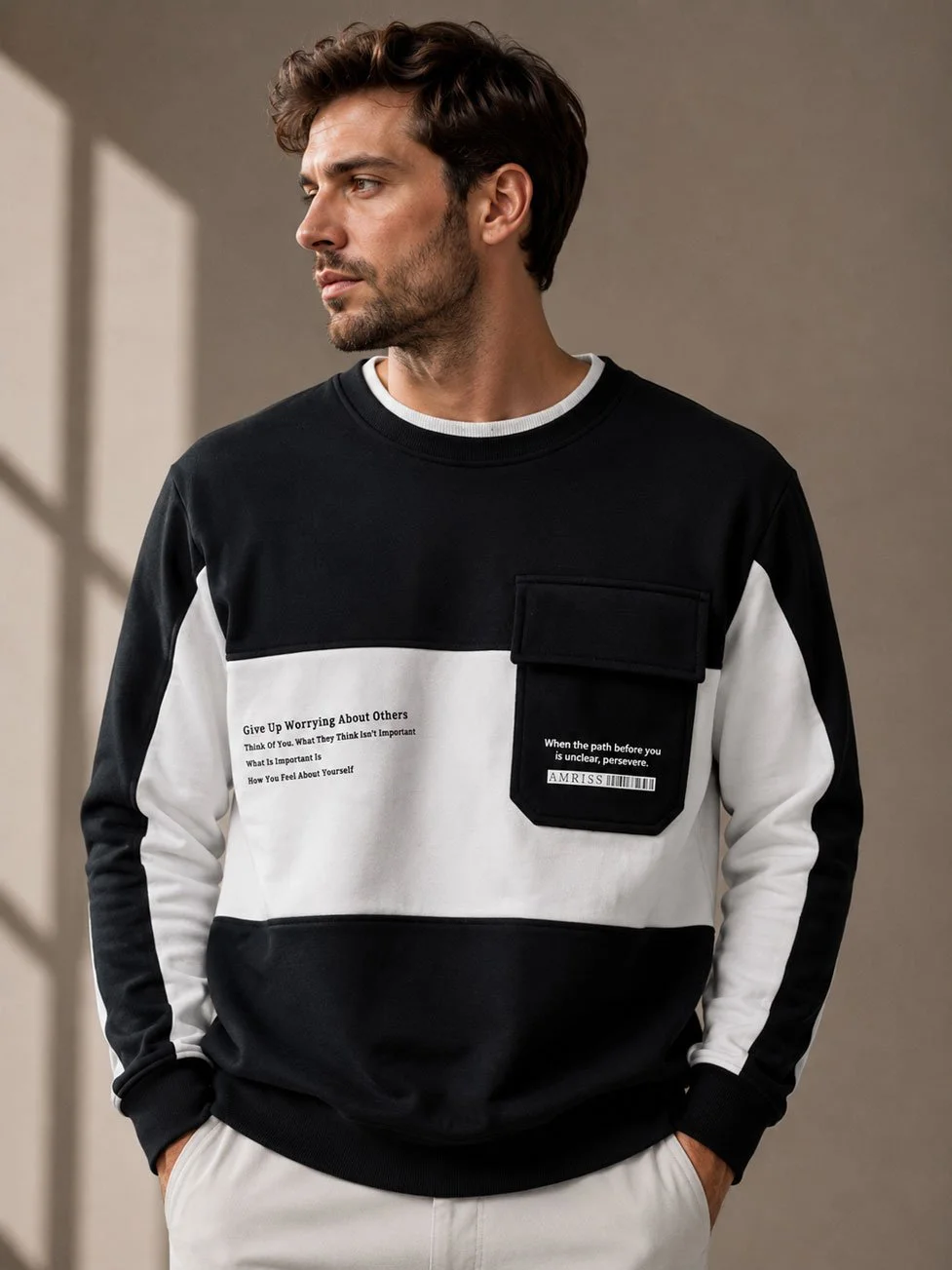 Men's Black & White Color-Block Utility Sweatshirt