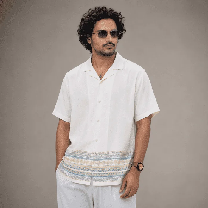 Men’s White Ethnic Patterned Short Sleeve Resort Shirt