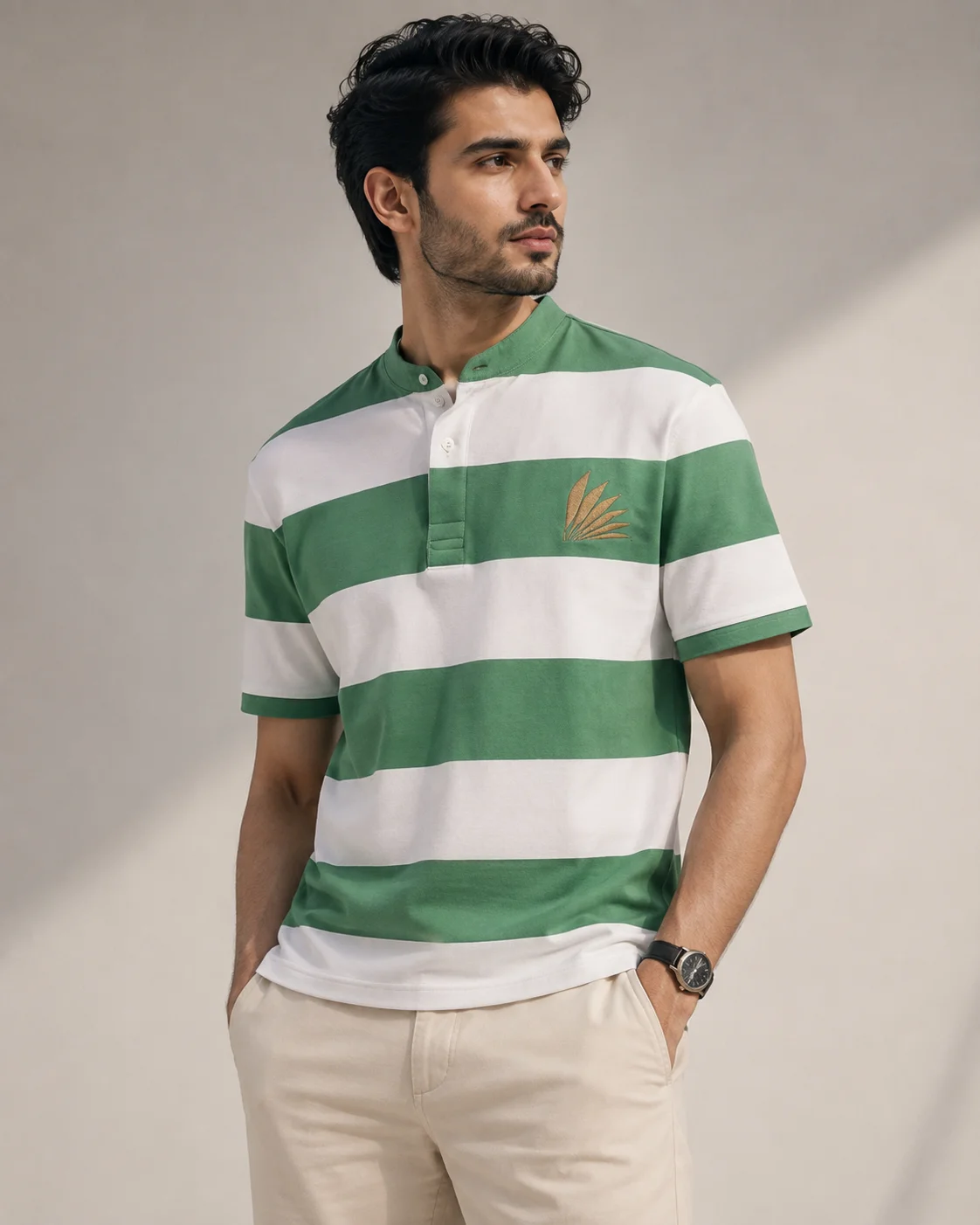 Men’s Green & White Striped Cotton Polo Shirt – Mandarin Collar