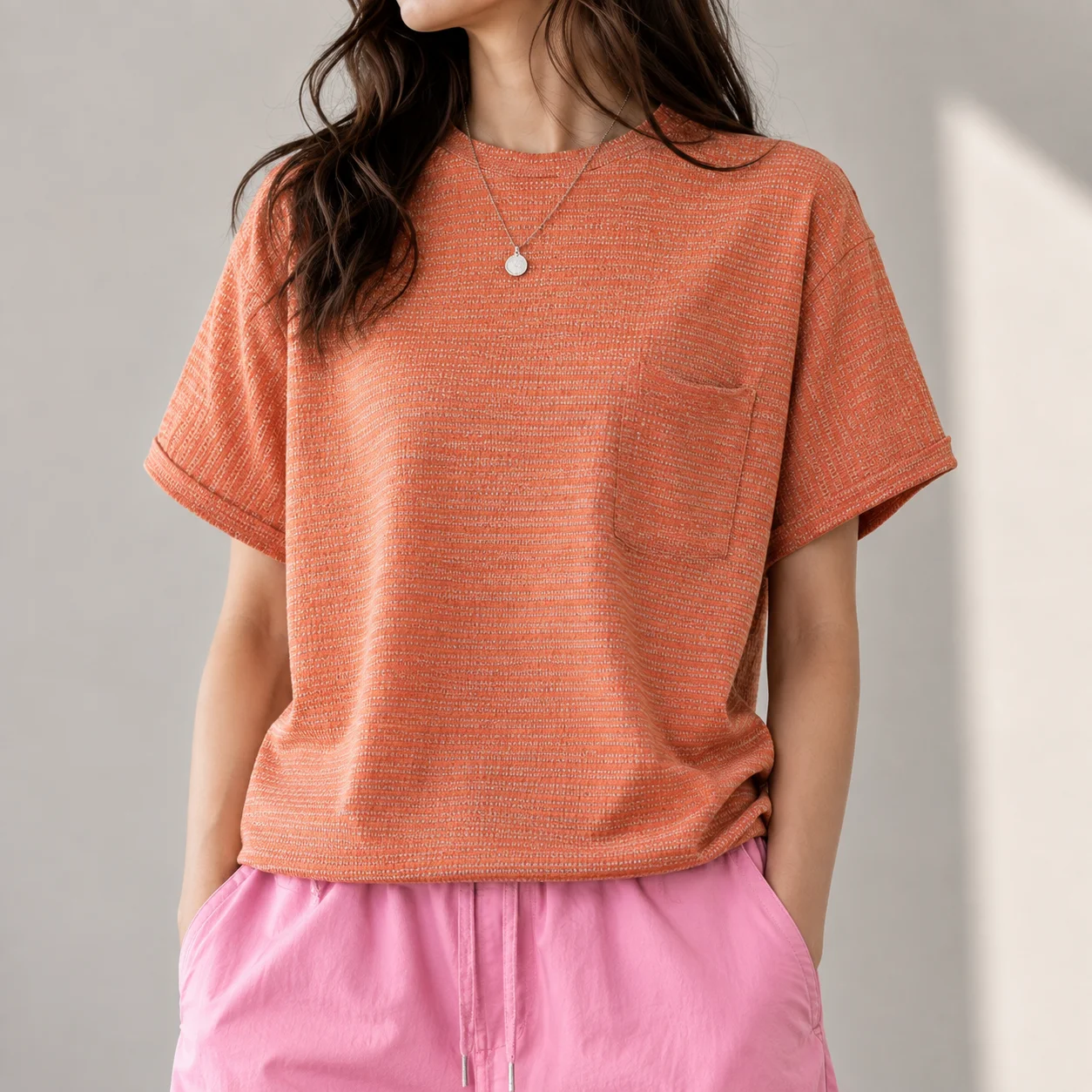 Women’s Textured Casual T-Shirt Coral Orange gallery image