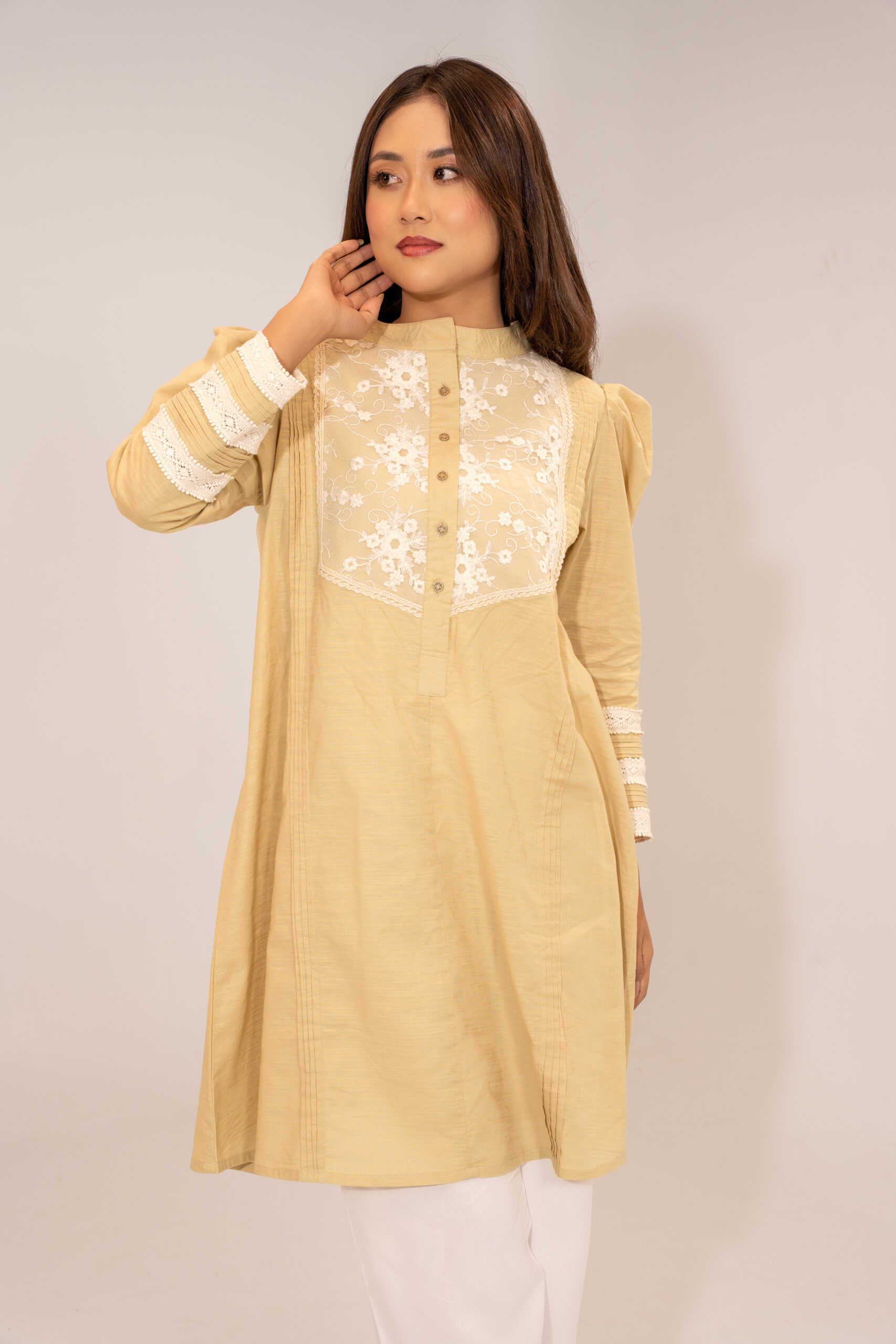 ARI06165 Women’s Beige Embroidered Cotton Kurta Long Sleeve Casual & Semi-Formal Wear Soft Lawn Fabric with Lace Detailing - Image 1