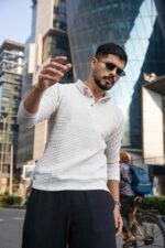 Men's Long Sleeve Regular Fit Beige Waffle Knit Polo Perfect for Winter Morning & Casual Walk - Image 3