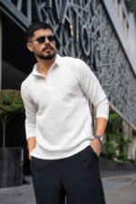 Men's Long Sleeve Regular Fit Beige Waffle Knit Polo Perfect for Winter Morning & Casual Walk