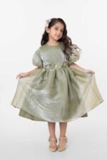 Amriss Premium Girls Party Frock Olive Green Kids Fancy Dress Floral Belt Frock for Weddings and Birthdays Wear