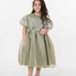 Fancy Floral Belt Premium Girls Olive Green Party Frock for Weddings and Birthdays Amriss Kids Wear