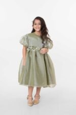 Amriss Premium Girls Party Frock Olive Green Kids Fancy Dress Floral Belt Frock for Weddings and Birthdays Wear - Image 2