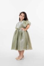 Amriss Premium Girls Party Frock Olive Green Kids Fancy Dress Floral Belt Frock for Weddings and Birthdays Wear - Image 4