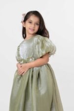 Amriss Premium Girls Party Frock Olive Green Kids Fancy Dress Floral Belt Frock for Weddings and Birthdays Wear - Image 5