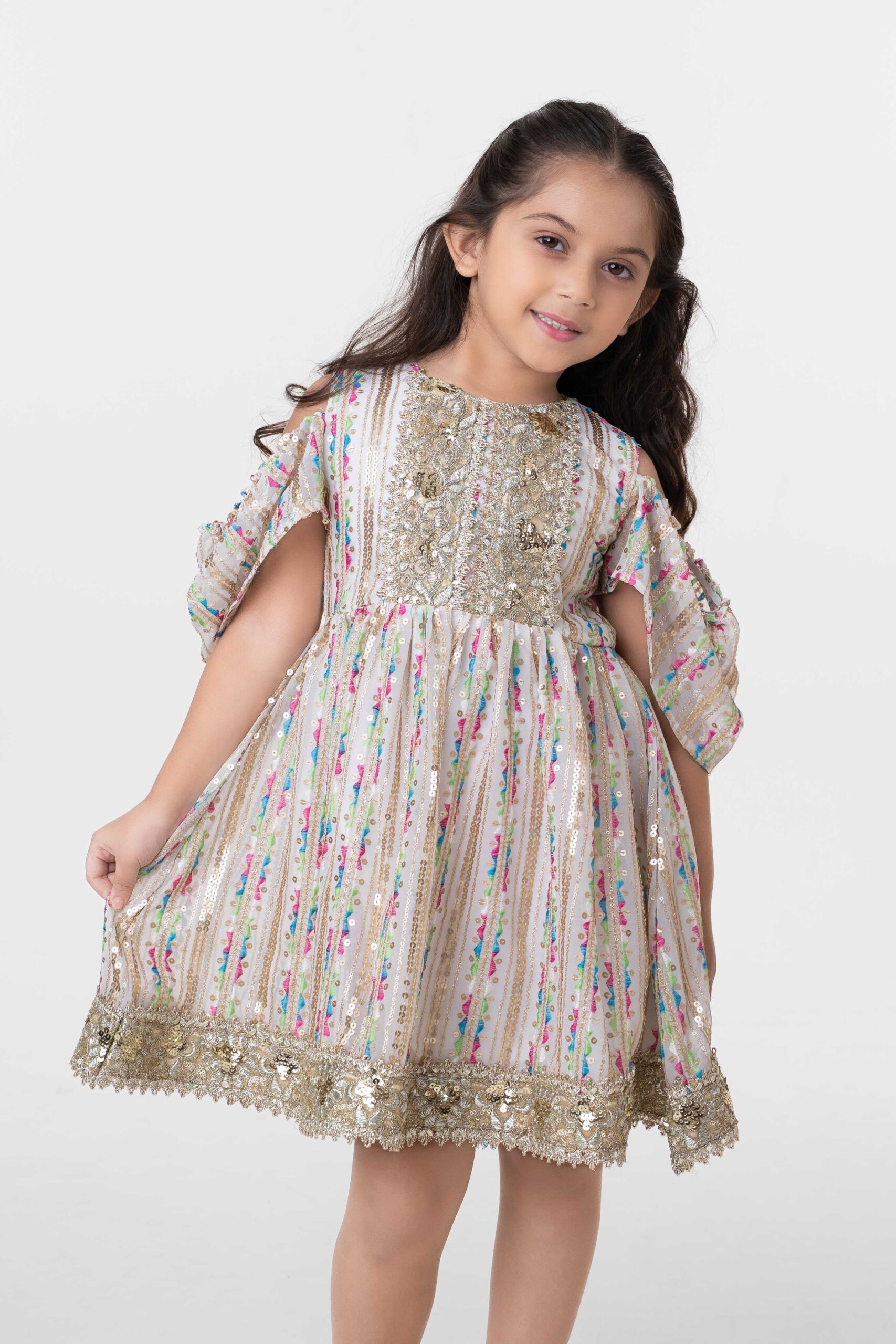 ARI02850 Girls Premium Fancy Kids Sequin Party Frock White Multicolor Amriss Festive Wear Frock for Girls - Image 1