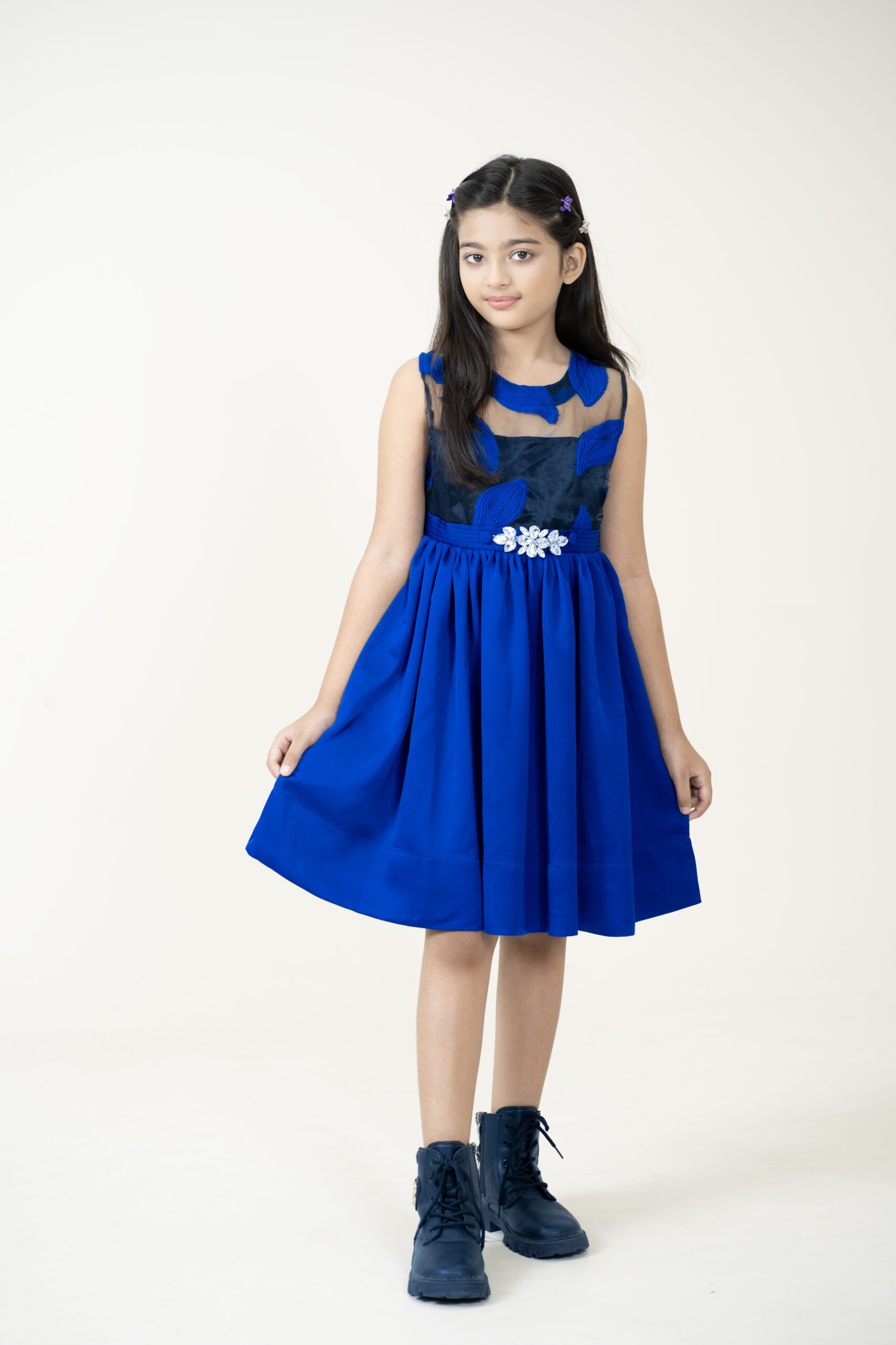ARI06712 Kids Elegant Occasion Wear Frock Little Girls’ Royal Blue & Black Embellished Party Dress Sleeveless Mesh Bodice - Image 1