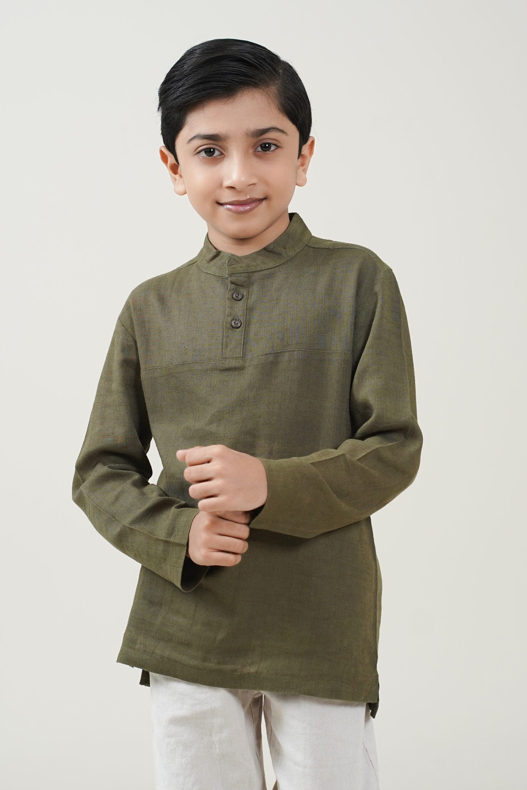 ARI06874 Kids Classic Festive Wear Young Boys Olive Green Textured Katua with White Pant - Image 1