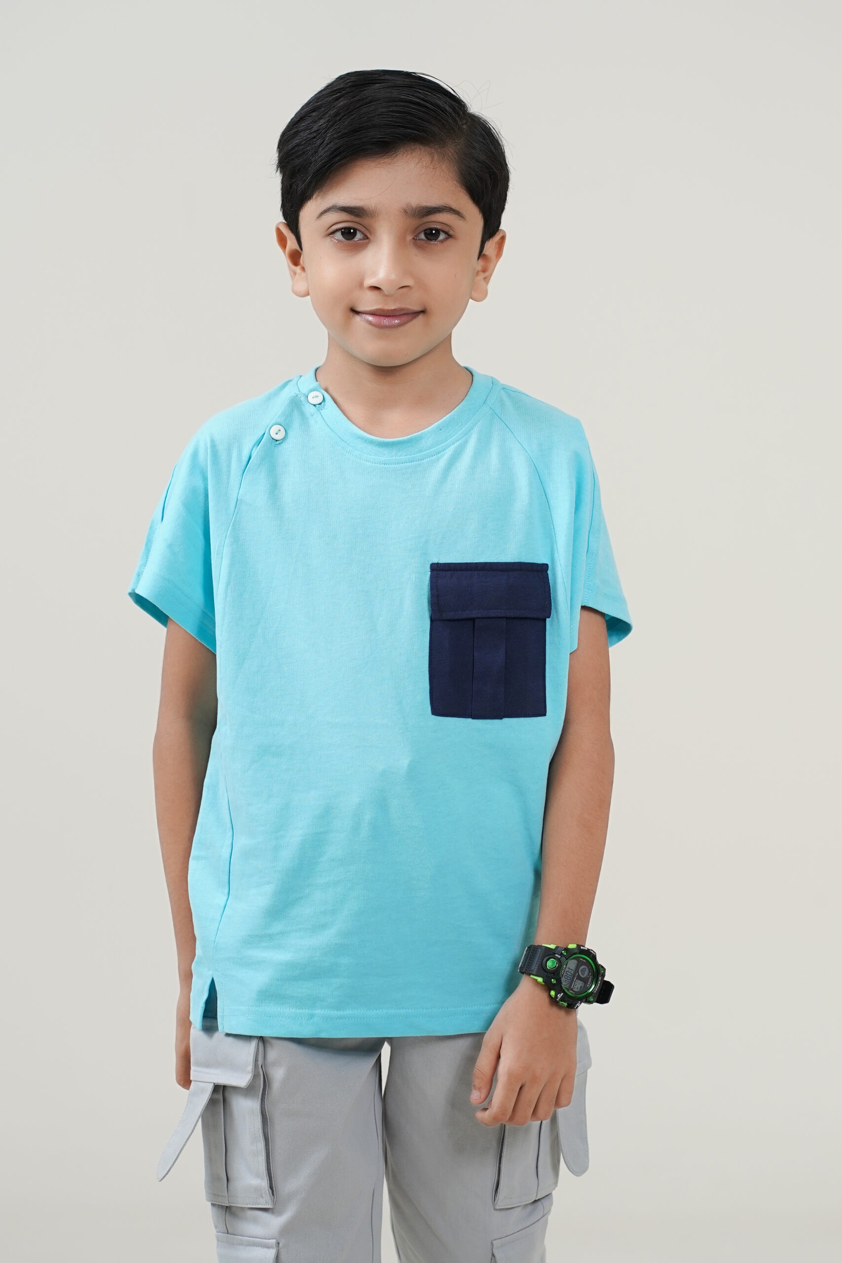ARI06964 Kids Everyday Comfort Wear Boys Sky Blue Casual T-Shirt with Navy Utility Pocket - Image 1