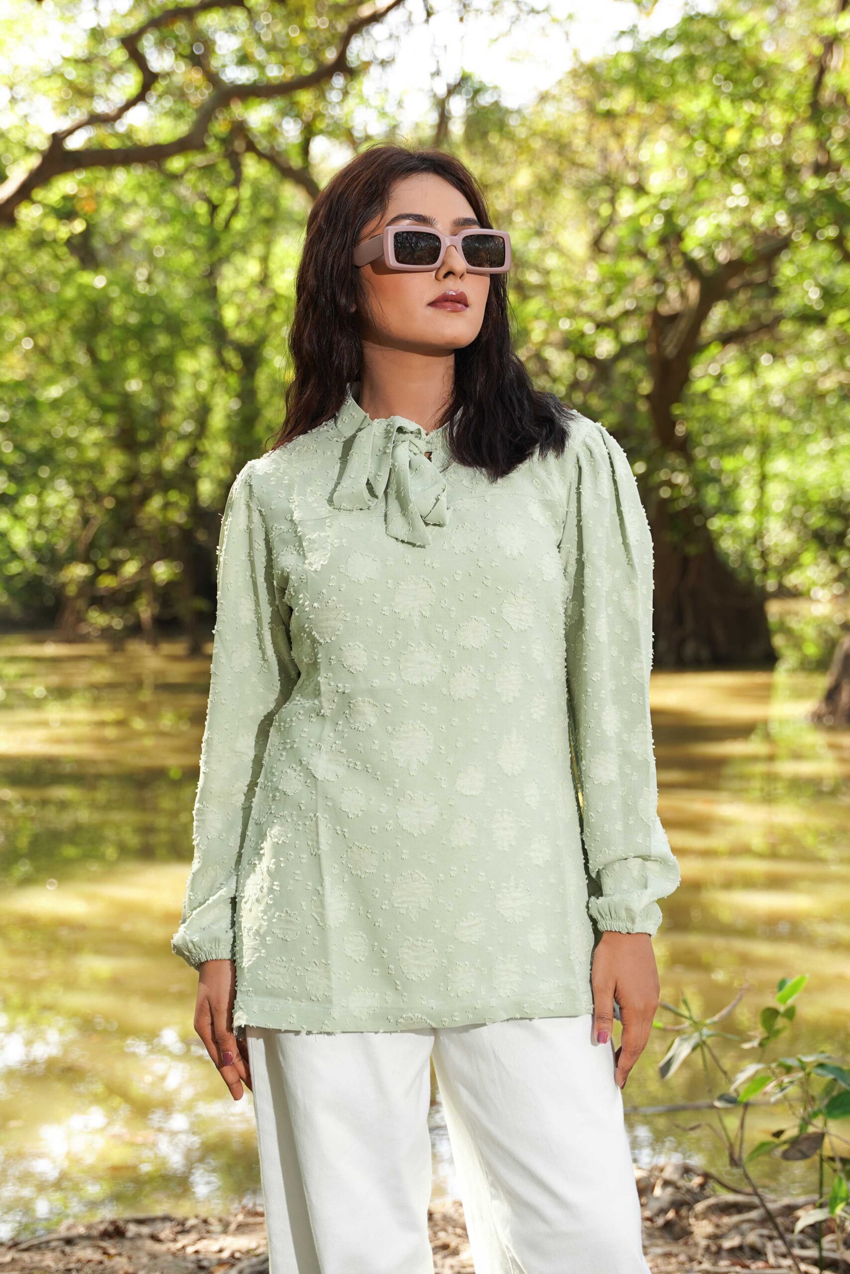 ARI04671 Long Sleeve Lightweight Casual Blouse Women's Elegant Bow-Tie Neck Chiffon Top - Image 1