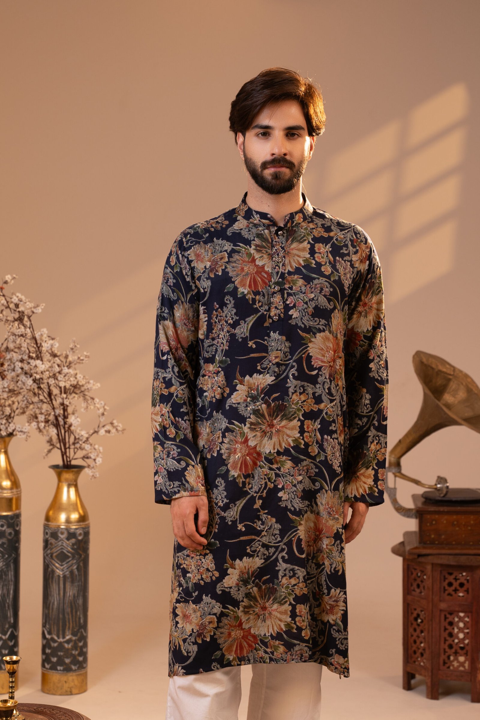 AMEP0232 Midnight Navy Floral Printed Panjabi with Oversized Botanical Motif Design for Men’s Eid and Wedding Festive Traditional Wear - Image 1
