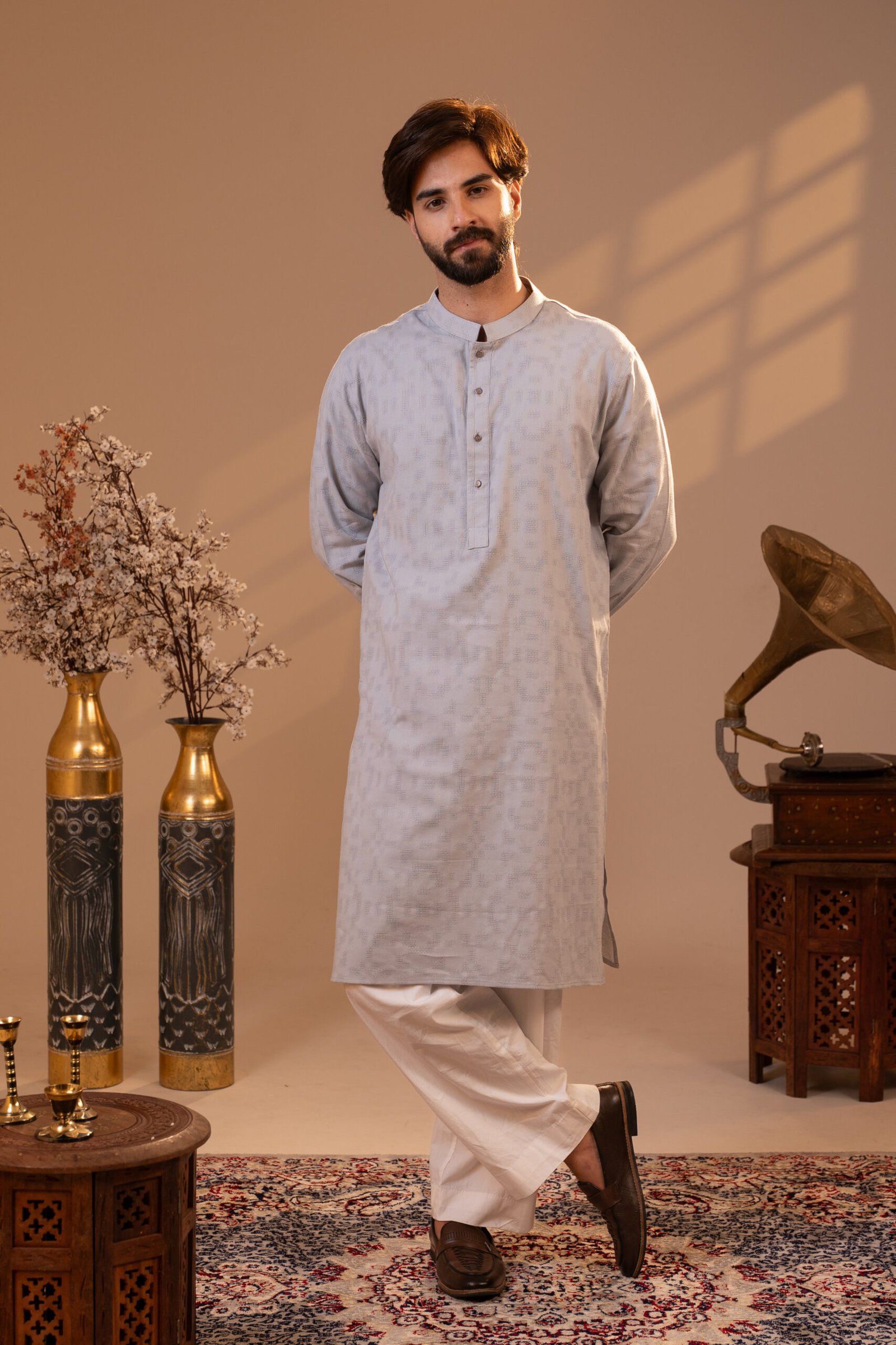 ARI00519 Bosonto Spring Traditional Outfit Men’s Light Grey Regular Fit Amriss Panjabi Front Button Placket Closure - Image 1