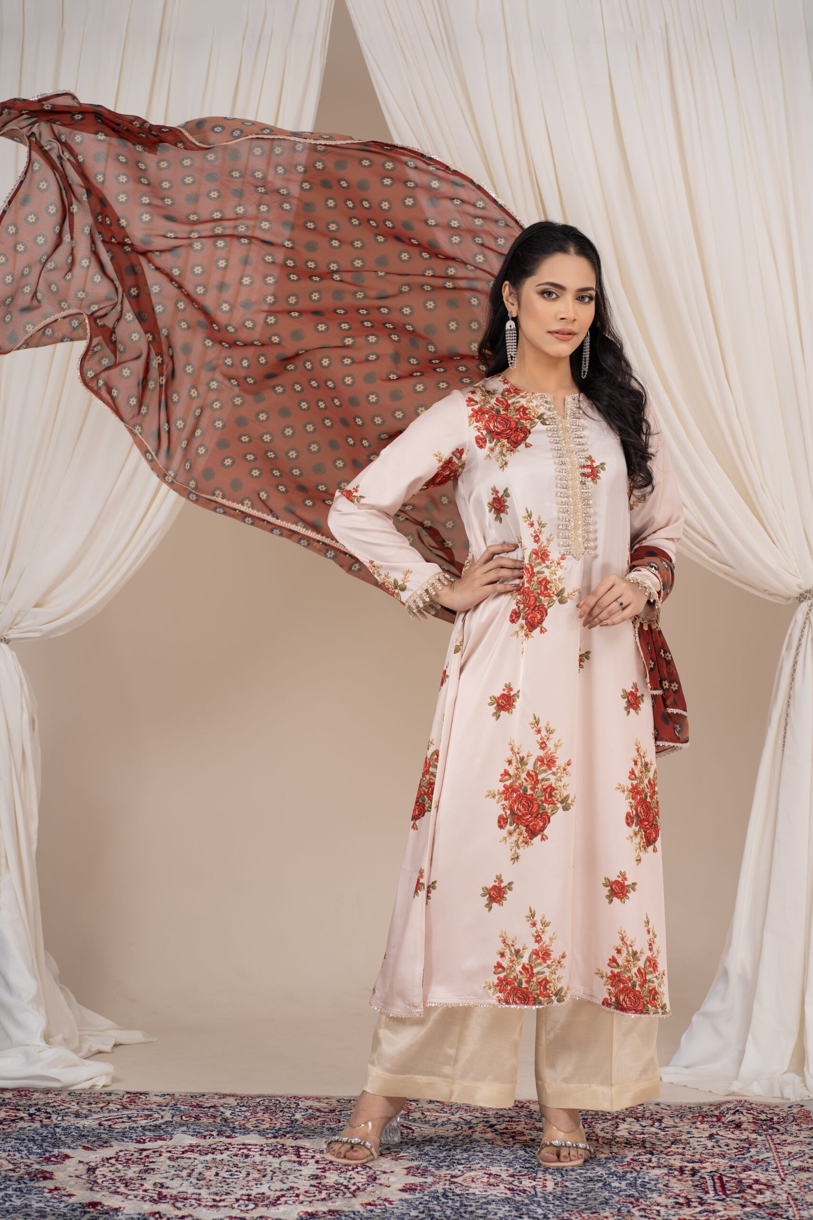 ARI00299 Women's Exclusive All Over Floral Printed Lace Worked Designer 3-Piece - Image 1