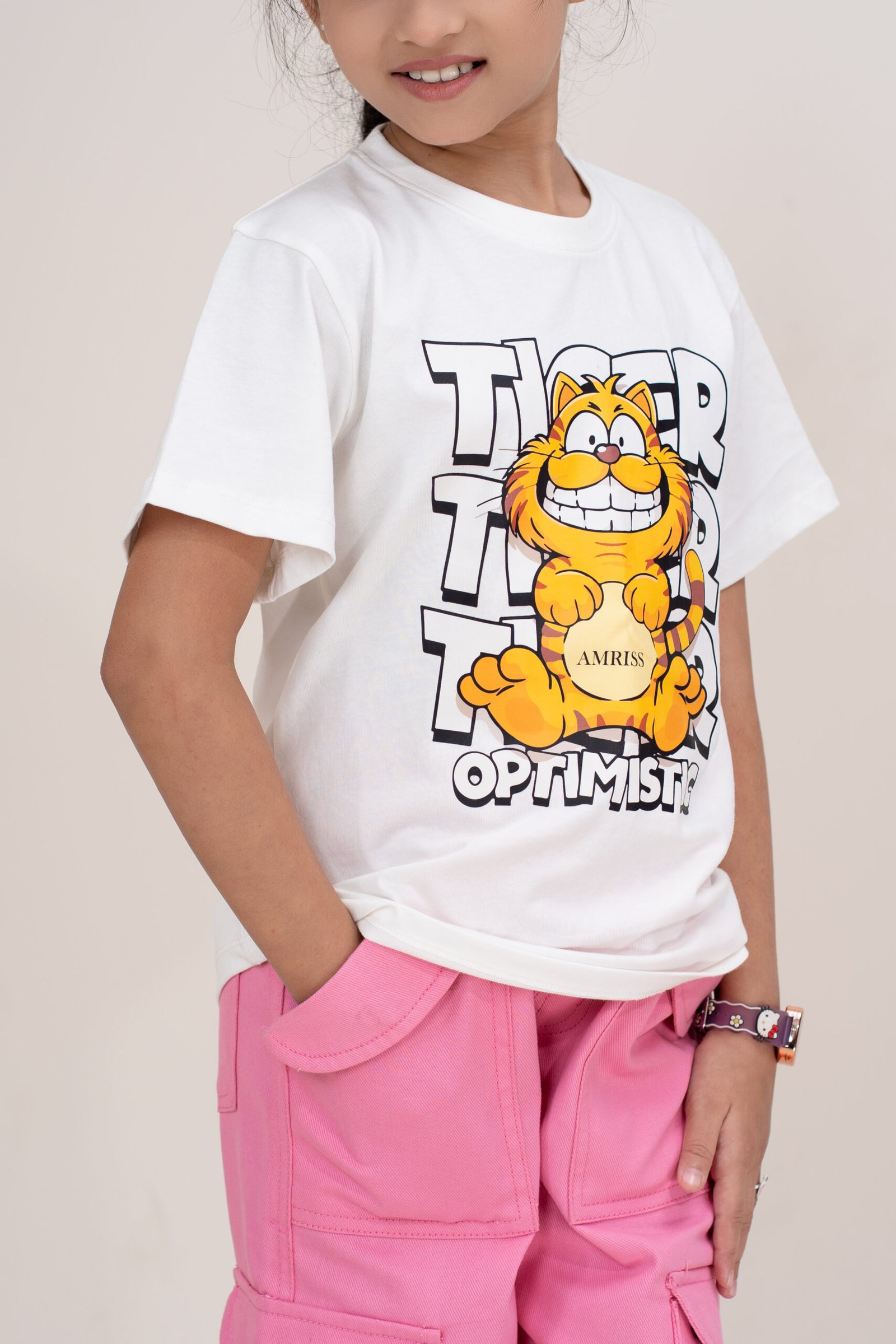 ARI00471 Amriss Casual Round Neck Kids Tee White Girls Cartoon Tiger Character Screen Printed Cotton T-shirt with Optimistic Typography - Image 1