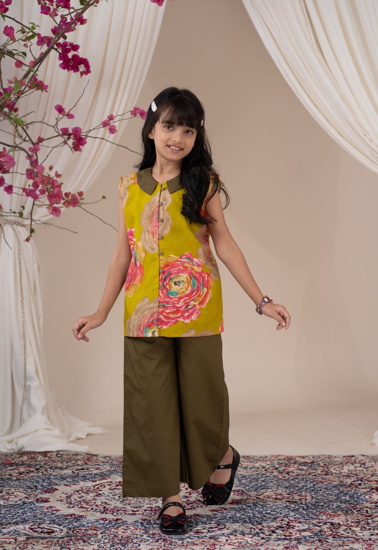 ARI00720 Little Girl's Yellow Floral Sleeveless Peter Pan Collar Top with Olive Green Palazzo Pants Stylish Kids Two Piece Set - Image 1