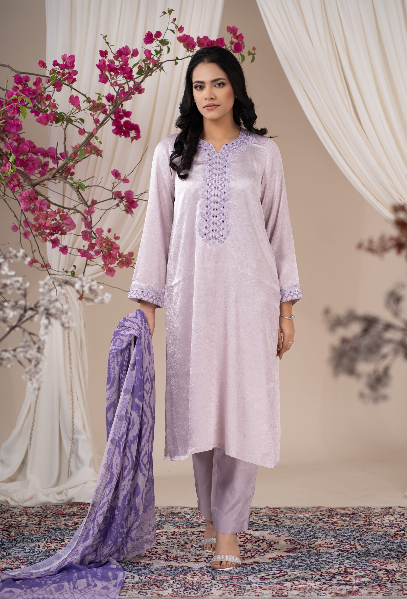 ARI00738 Amriss Heritage Designer Collection Lilac Lavender Cord Embroidery Three Piece Set with Printed Dupatta Elegant Festive Wear Outfit for Women - Image 1