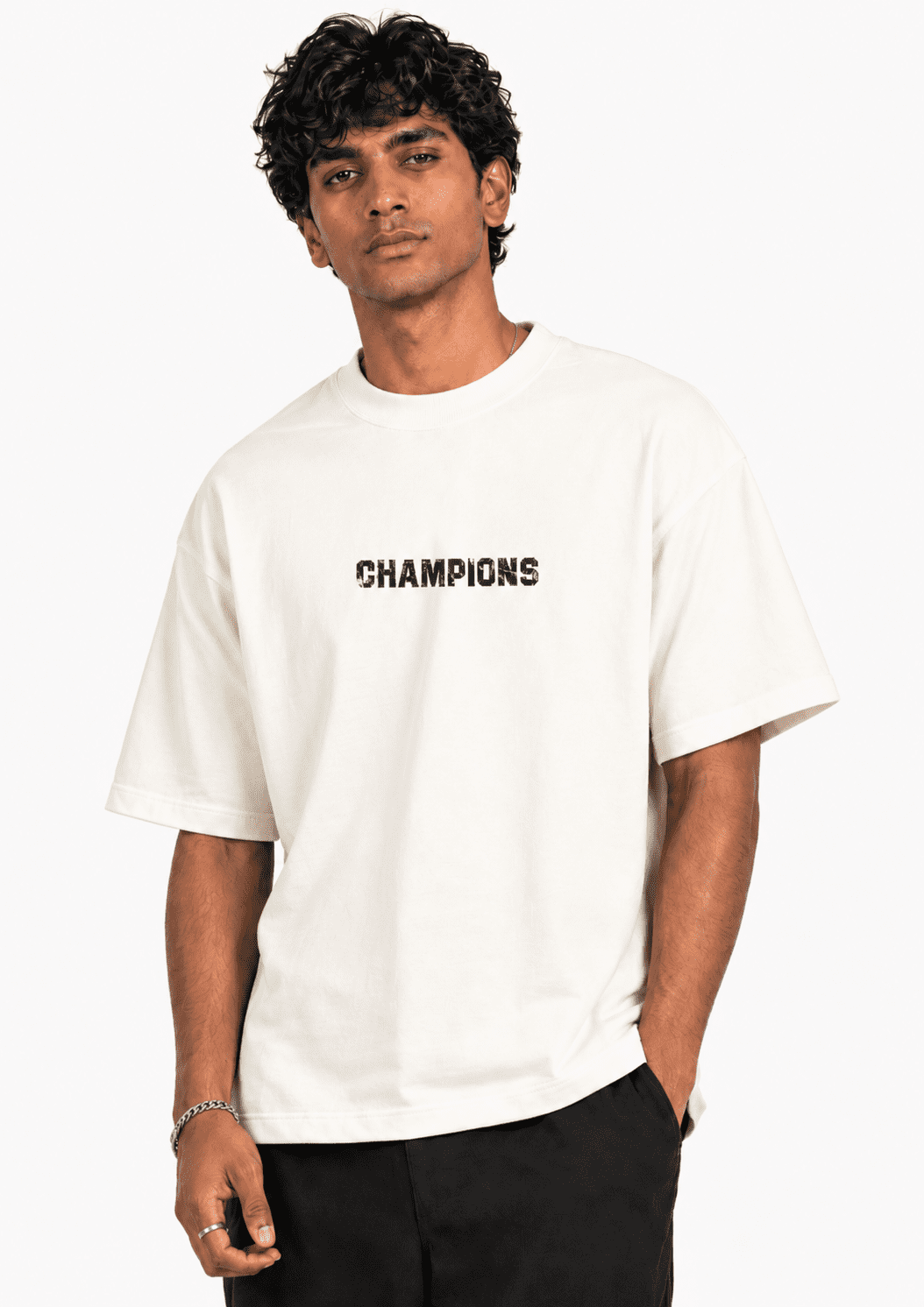 amriss champions off white front Drop Shoulder Oversized Tee Amriss Champions Off-White Men's Urban Fashion T-Shirt - Image 1