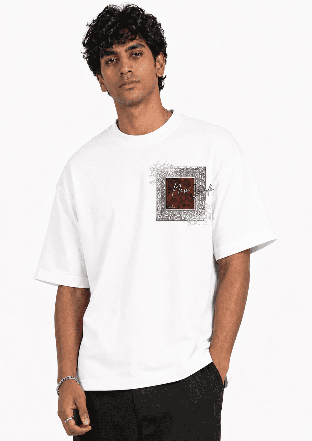 amriss dropshoulder white font new Drop Shoulder Oversized Tee Amriss New White Men's Urban Fashion T-Shirt - Image 1