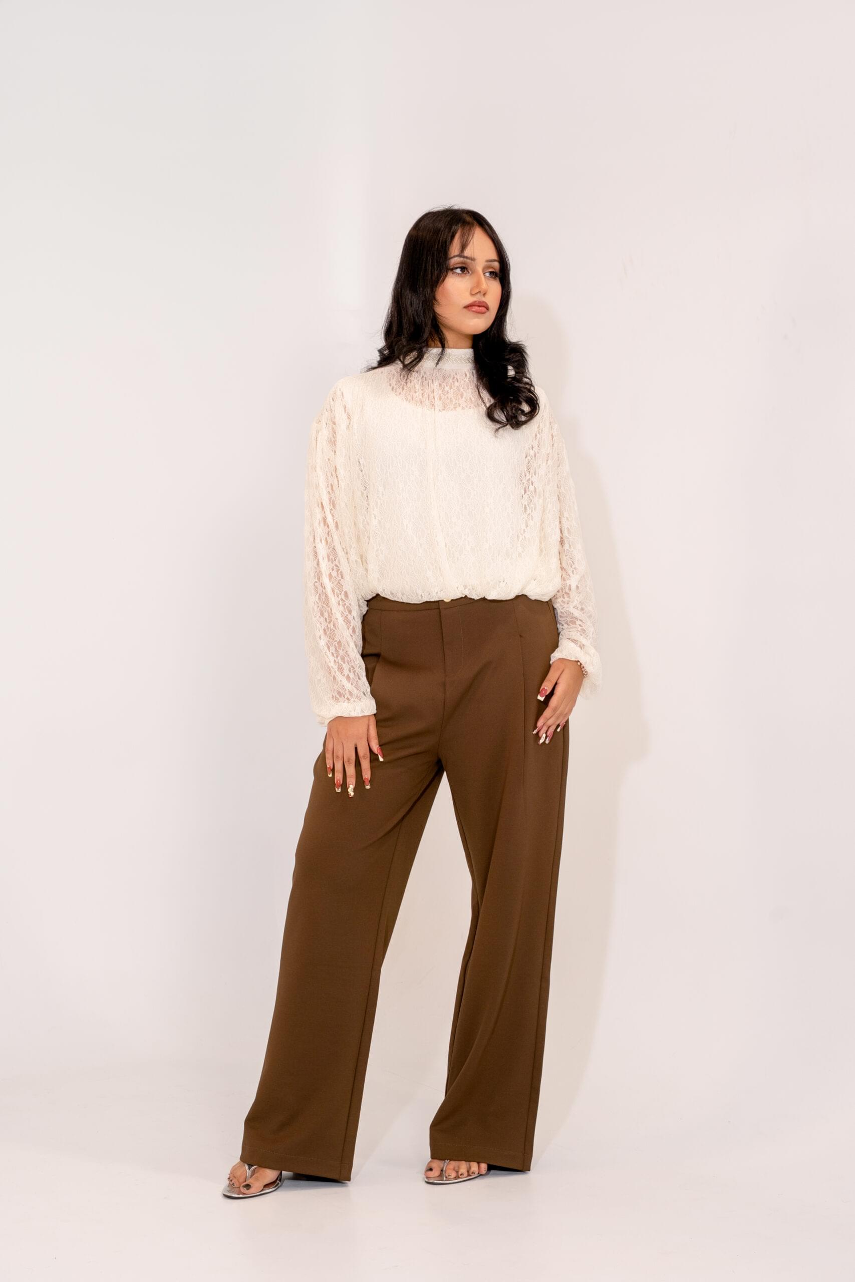 Women’s Elegant Cream Lace High-Neck Blouse Office Chic Fit Tops - Image 1