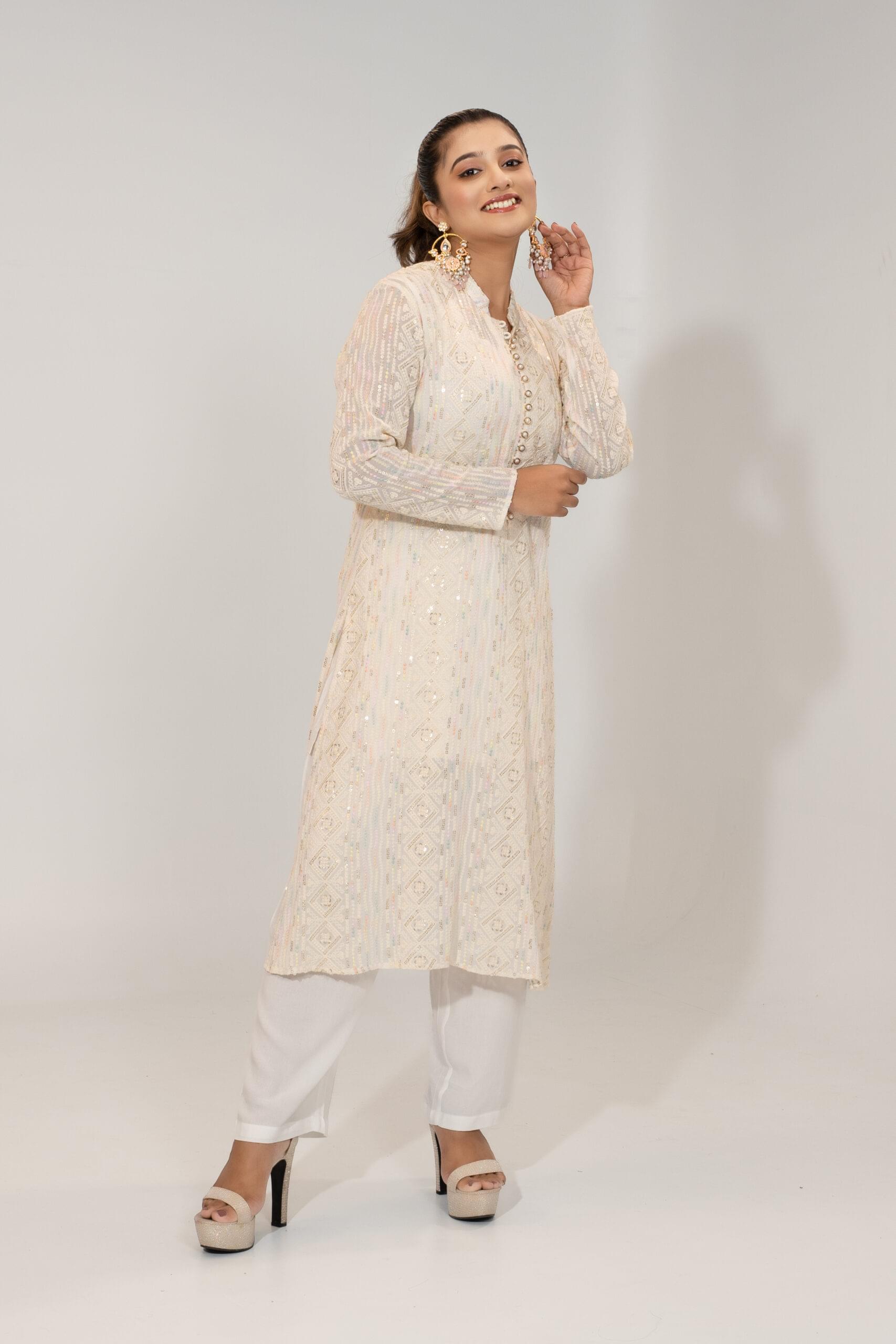 Ivory Sequin Embroidered Georgette Kurta Set for Women Perfect for Festive Wear - Image 1