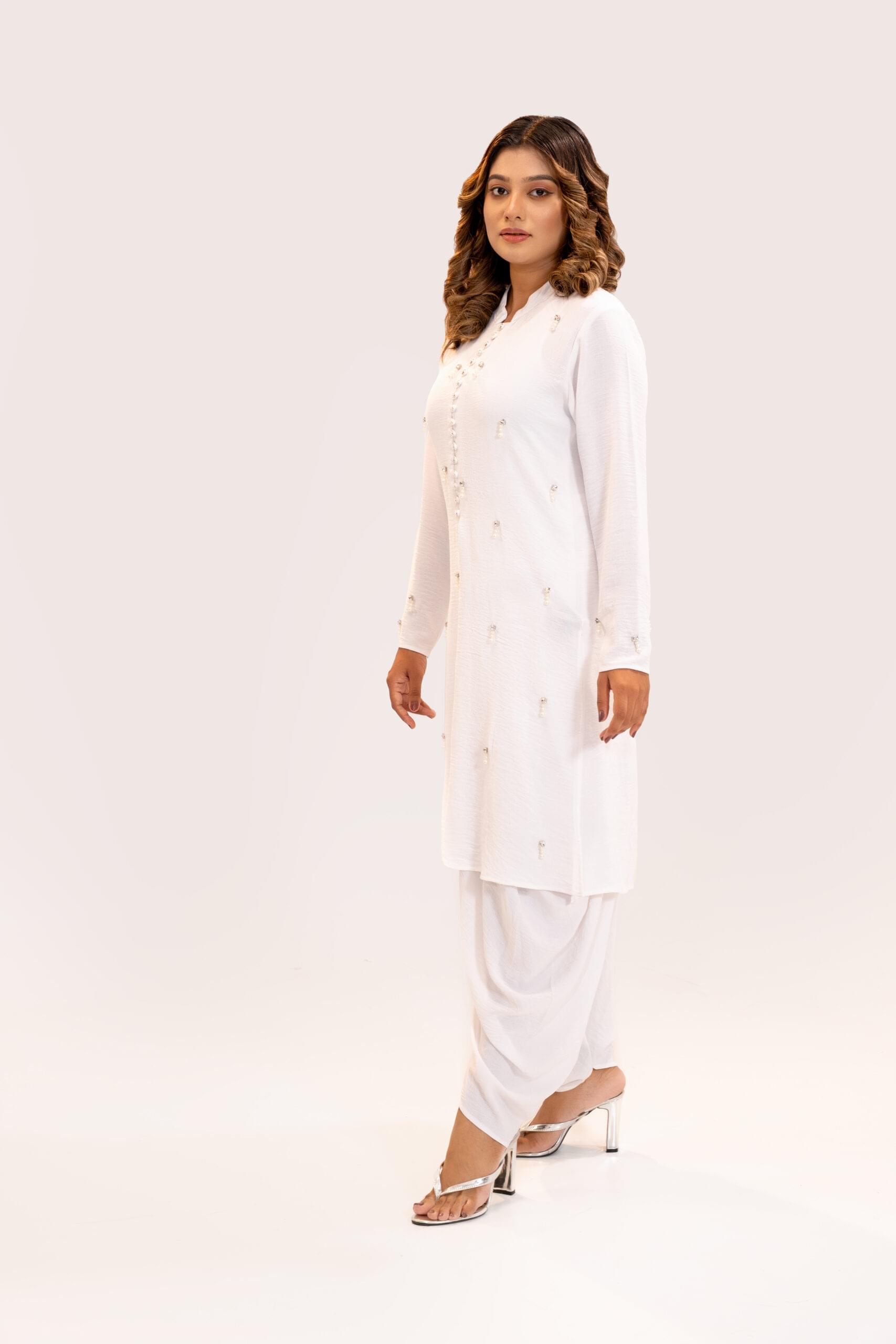 Exclusive Designer's Choice Modern Looks Ladies Fashionable White Grace Kurta & Dhoti Set - Image 1