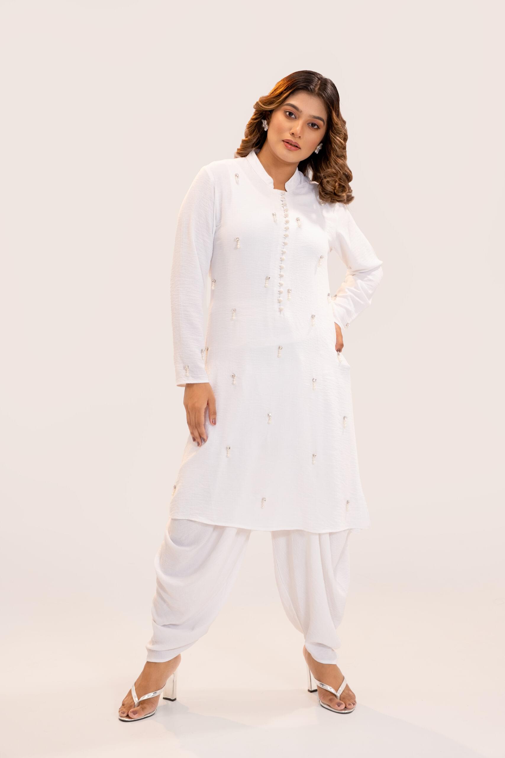 Exclusive Designer's Choice Modern Looks Ladies Fashionable White Grace Kurta & Dhoti Set - Image 2